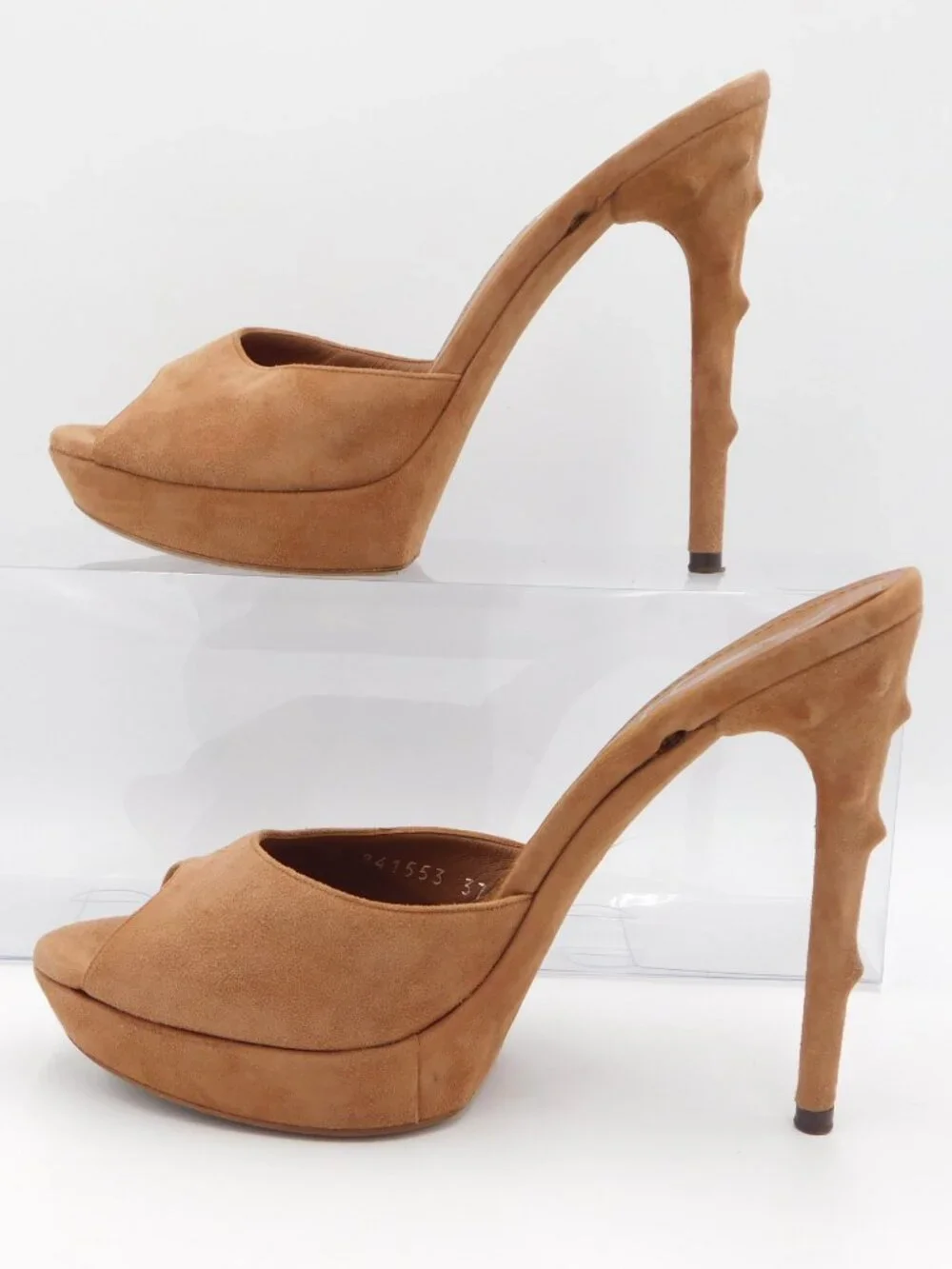 Saint Laurent YSL Open Toe Thorn Heel Tan Suede High Heel Sandals | GUC | 37 US